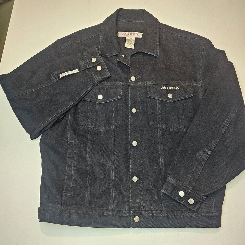 Avirex Denim Systems Black Jean Jacket Button Men's Size XL made in Hong Kong